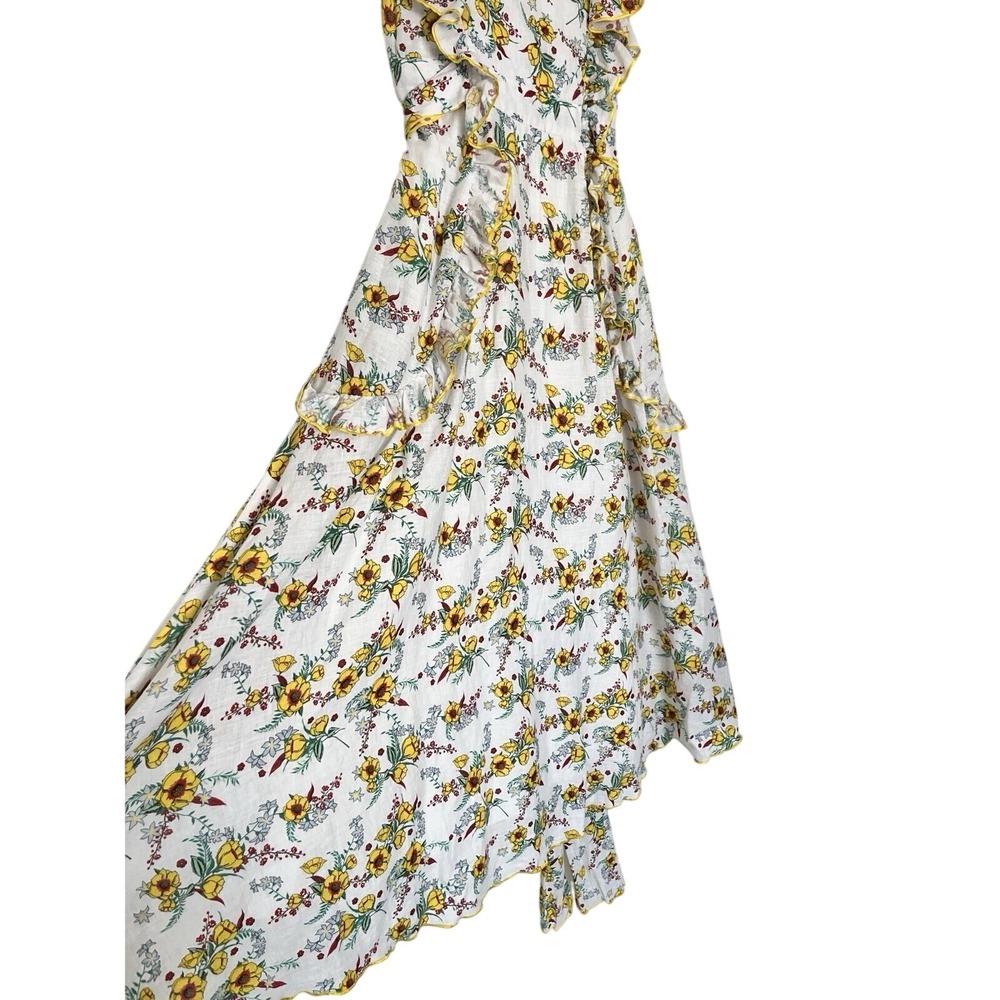 Gul Hurgel Floral White Yellow Ruffle 100% Linen Dress Pinafore Pockets Small - Picture 9 of 16